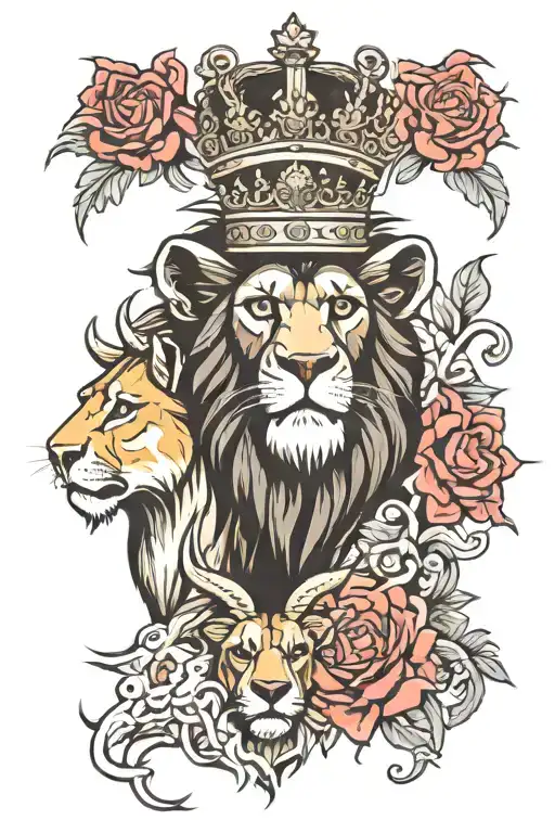 monkey goat lion surrounded wearing crown tattoo design idea