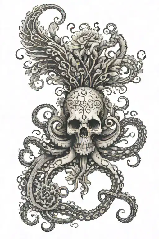 Arm sleeve - Octopus, bird wing, day of the dead skull, physical heart, the names Erin, Hannah, and Gavin tattoo design idea