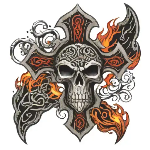 celtic cross on fire scull red and black tattoo design idea