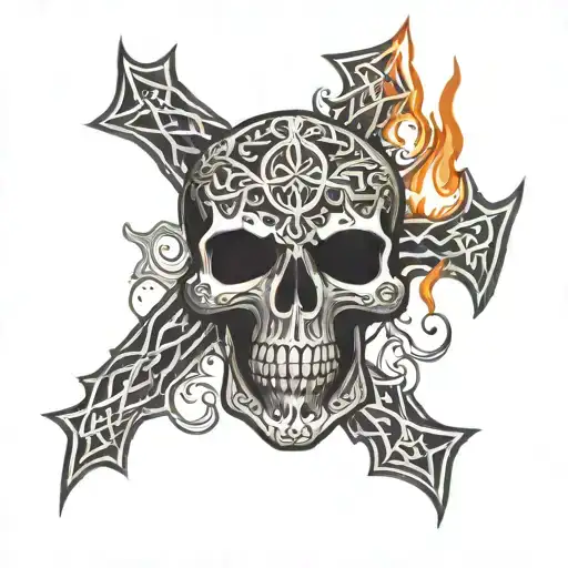 celtic cross on fire scull red and black tattoo design idea
