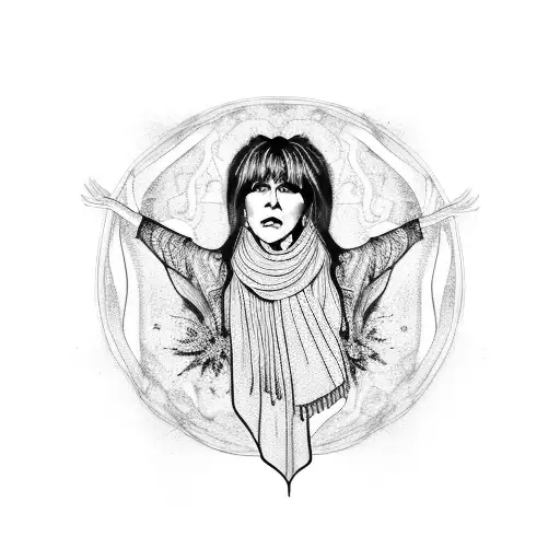 A silhouette of Stevie Nicks in her iconic shawl, with lyrics from her songs forming the background tattoo design idea