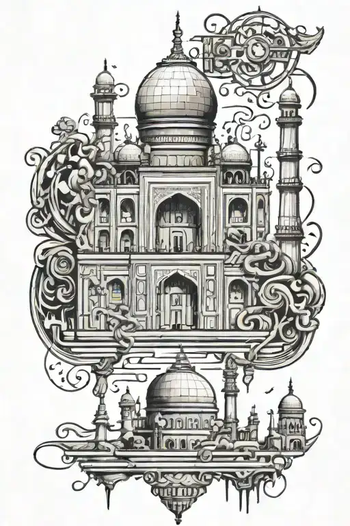 Taj Mahal with boardgame and music elements tattoo design idea