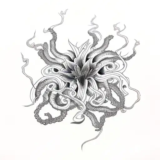 medusa black ink, spider lilies in red ink tattoo design idea