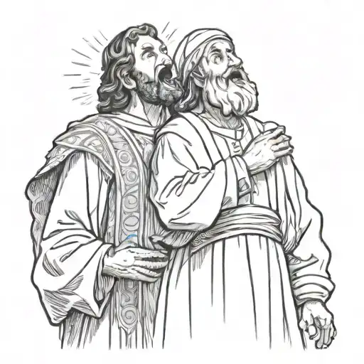 a biblical tax collector holding his chest looking down and a Pharisee looking up praising the sky back to back  tattoo design idea
