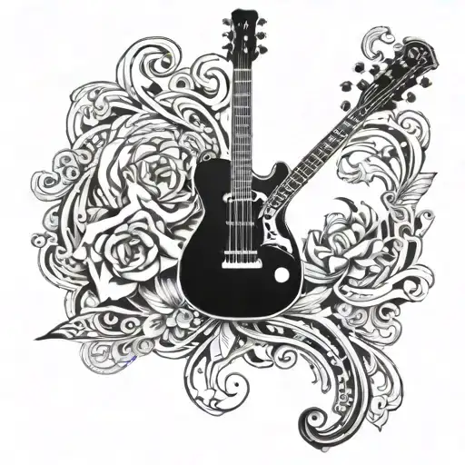 A sensual and artistic depiction of a guitar and a pair of lips in a seductive pose, combining the client's love for music and romance, in blackwork style tattoo design idea