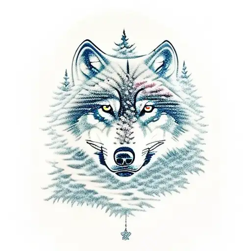 wolf, snow tiger, with trees in the background and a cross tattoo design idea
