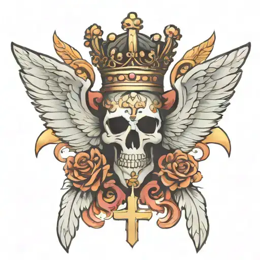 Cross angel wings crown tattoo design idea