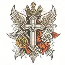Cross angel wings crown tattoo design idea