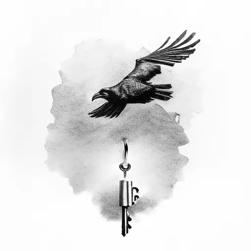 A raven perched on a branch with a mysterious key in its beak tattoo design idea