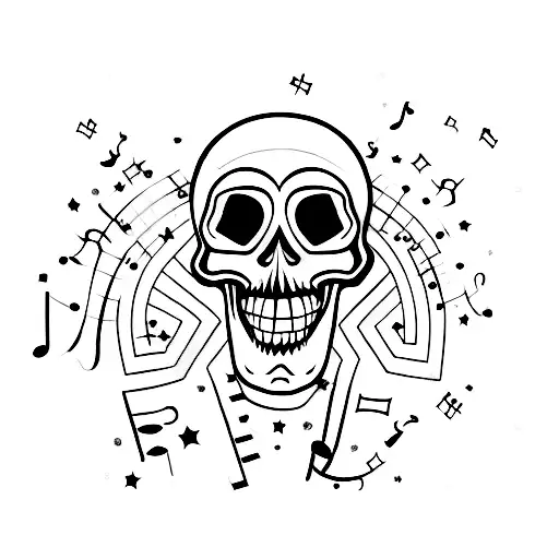 A music-inspired skull with stars as notes tattoo design idea