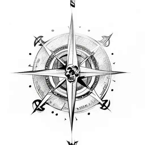 A compass with a skull and crossbones symbol surrounded by crashing waves tattoo design idea
