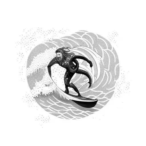 A surfer riding a giant wave that transforms into a mythical sea creature tattoo design idea