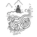 cranio com ondas do mar um farol iluminando raios caindo  tattoo design idea