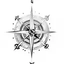 A compass with a skull and crossbones symbol surrounded by crashing waves tattoo design idea