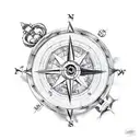 A compass with a skull and crossbones symbol surrounded by crashing waves tattoo design idea