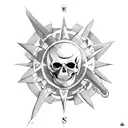 A compass with a skull and crossbones symbol surrounded by crashing waves tattoo design idea