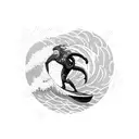 A surfer riding a giant wave that transforms into a mythical sea creature tattoo design idea