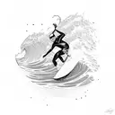 A surfer riding a giant wave that transforms into a mythical sea creature tattoo design idea
