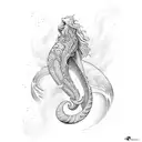 A surfer riding a giant wave that transforms into a mythical sea creature tattoo design idea