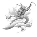 A surfer riding a giant wave that transforms into a mythical sea creature tattoo design idea
