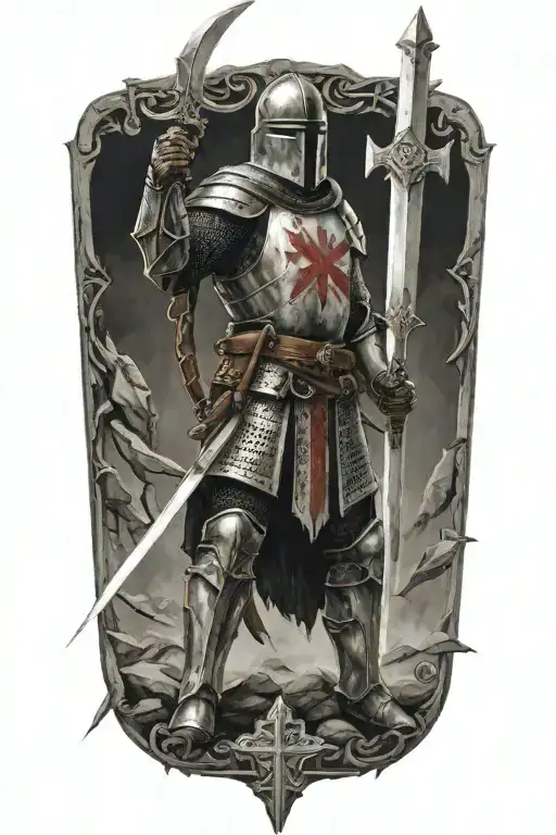templar knight holding a sword upward, looking forward, with a christian cross in the midle of his armour tattoo design idea