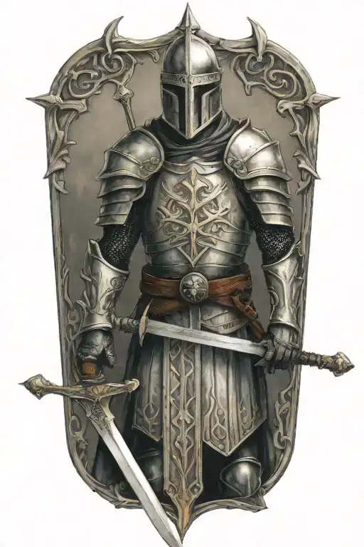 templar knight holding a sword, looking forward, with a christian cross in the midle of his armour tattoo design idea