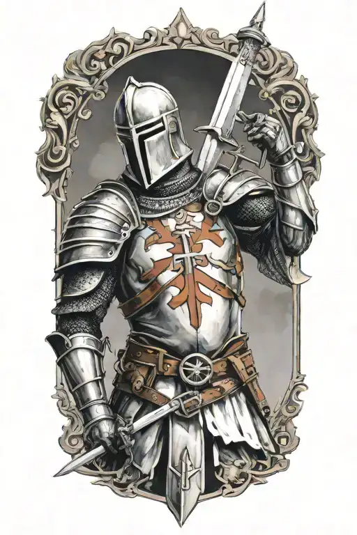 templar knight holding a sword upward, looking forward, with a cross in the midle of his armour tattoo design idea