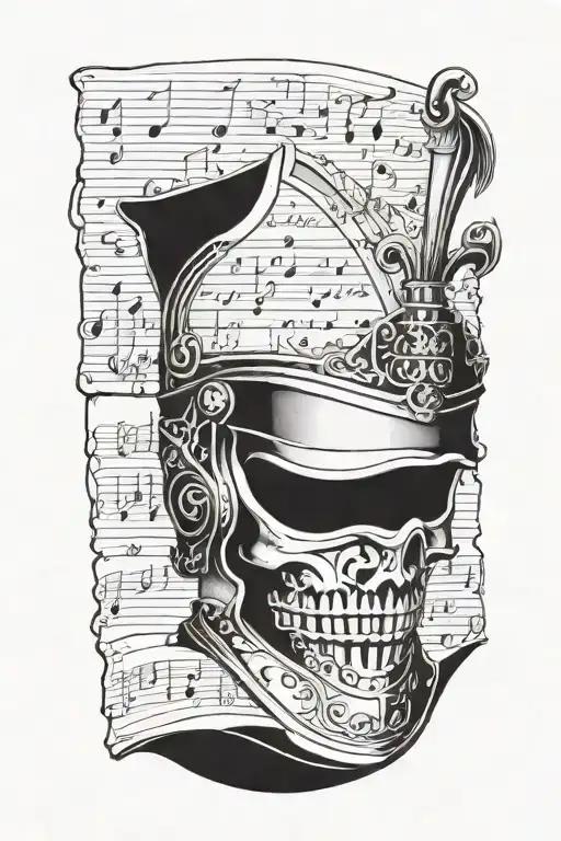 An intricate dotwork tattoo depicting a classical music sheet with a Templar knight helm as the focal point, surrounded by elegant musical notes and symbols tattoo design idea