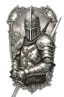 templar knight holding a sword, looking forward, with a christian cross in the midle of his armour tattoo design idea