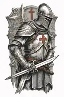 templar knight holding a sword, looking forward, with a christian cross in the midle of his armour tattoo design idea