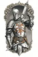 templar knight holding a sword upward, looking forward, with a cross in the midle of his armour tattoo design idea