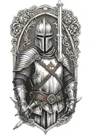 templar knight holding a sword upward, looking forward, with a cross in the midle of his armour tattoo design idea
