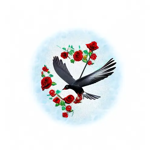 red and white roses, magpie in flight, three crowns and blackpool tower tattoo design idea