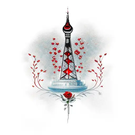 red and white roses, magpie in flight, three crowns and blackpool tower tattoo design idea