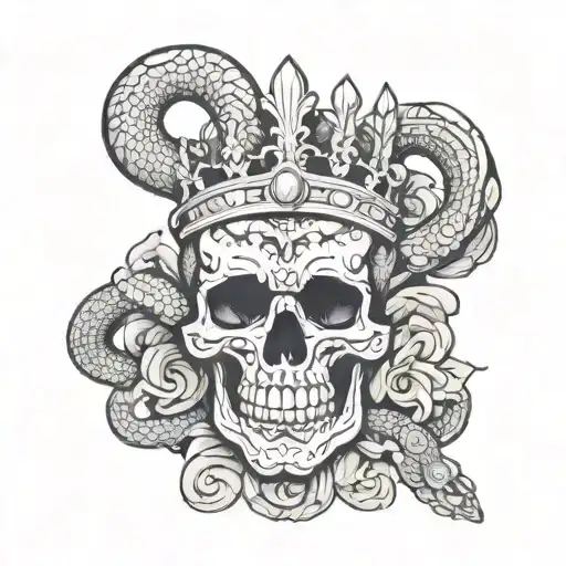 skull, snake/imoogi, sanskrit verse, crown tattoo design idea