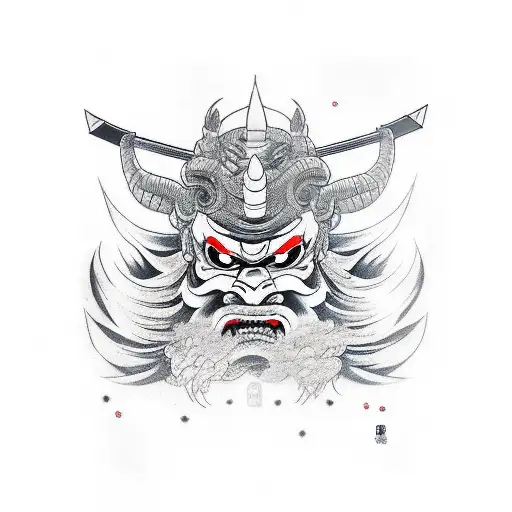 Oni Mask cut with katana with smoke in the background tattoo design idea