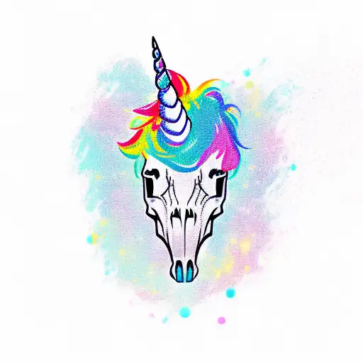 unicorn skull with bright hair  tattoo design idea