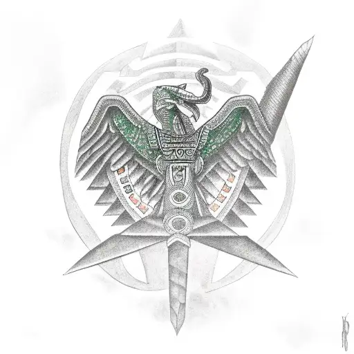 quetzalcoatl pyramid with aztec warrior standing tattoo design idea