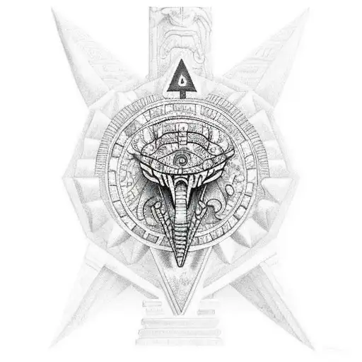 quetzalcoatl wrapped around a pyramid with aztec warrior standing tattoo design idea