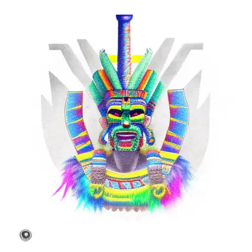 quetzalcoatl pyramid with aztec warrior standing tattoo design idea