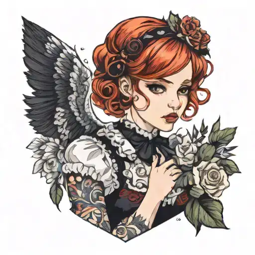 girl with short red hair in lolita fashion  tattoo design idea