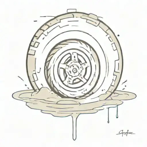 A minimalist tattoo of a tire spraying mud, incorporating small details to make it unique tattoo design idea