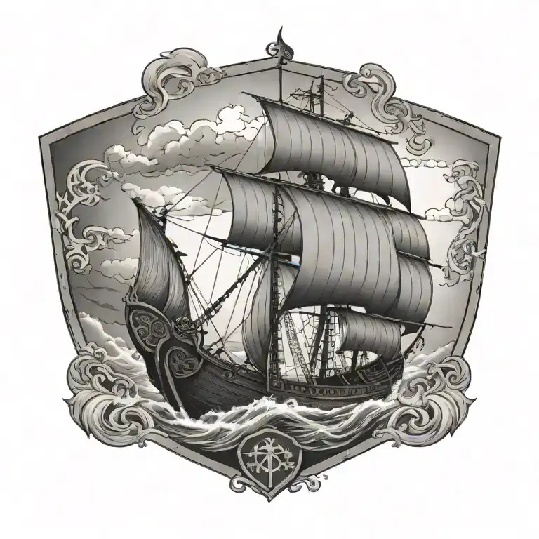 Viking longship sailing through stormy seas with a family crest flag waving on the mast tattoo design idea