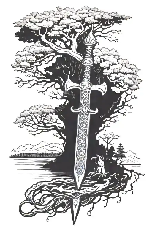 Incorporate a Viking sword into a family tree design tattoo design idea