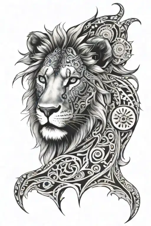 lion with blue eyes and some other futureistic tribal tattoo design idea