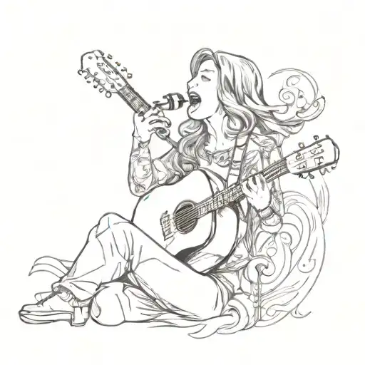 A sketch of a woman singing passionately with a guitar in the background tattoo design idea