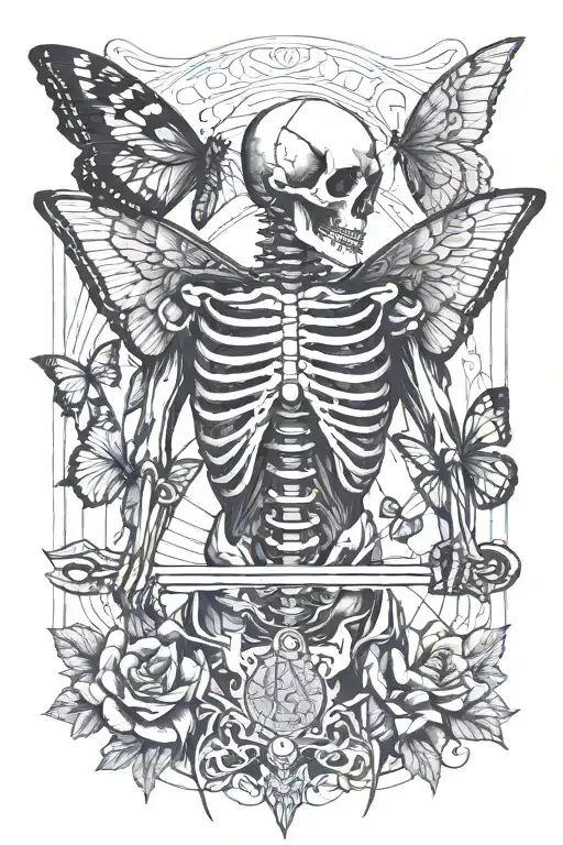 skeleton getting stabbed in the back with swords while he is focused on the butterfly sitting on his hands tattoo design idea