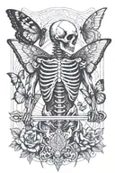 skeleton getting stabbed in the back with swords while he is focused on the butterfly sitting on his hands tattoo design idea