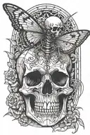 skeleton getting stabbed in the back with swords while he is focused on the butterfly sitting on his hands tattoo design idea
