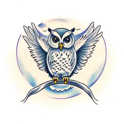 Owl sitting with wings around a robin on each side tattoo design idea